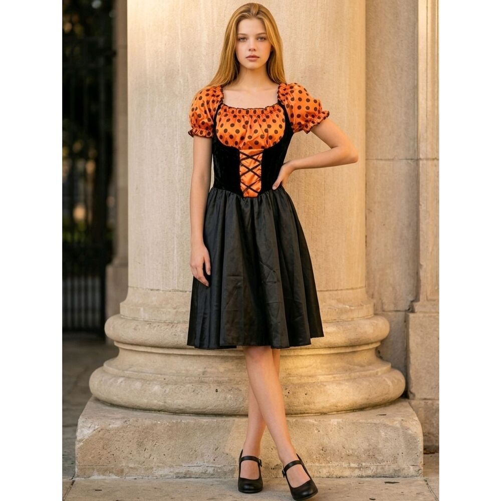 Girls Witch Halloween Costume Dress L 12/14 Black Orange Polka Dot Satin Corset